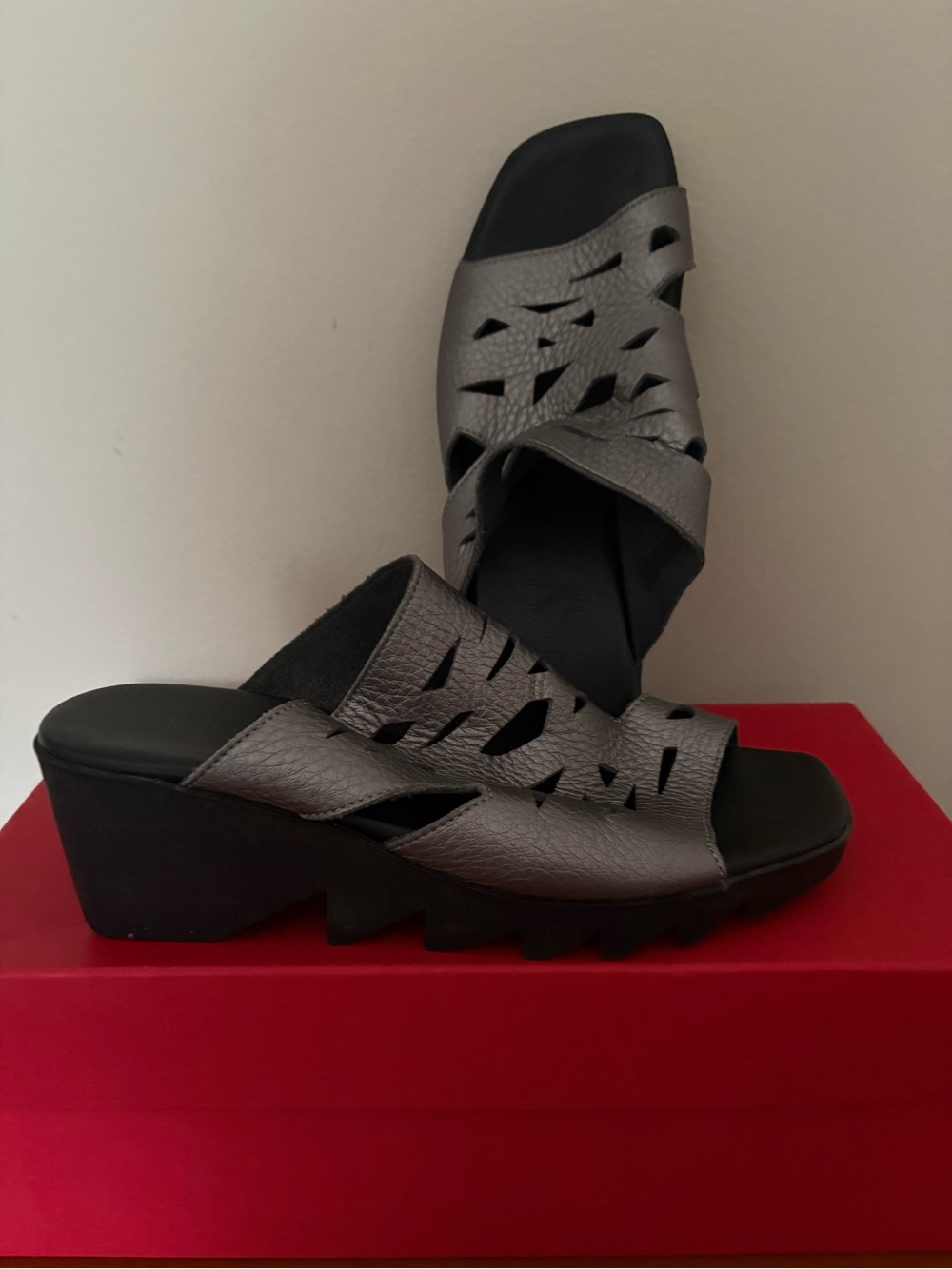 Arche Metallic Silver Laser-Cut Wedge Mule Sandals
